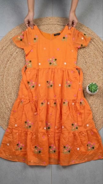 Vibrant Orange Tangelia Floral Embroidered Chanderi Cotton Maxi Dress Western Ladies Top Wholesale