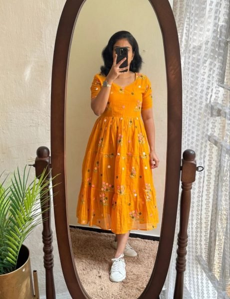 Vibrant Orange Tangelia Floral Embroidered Chanderi Cotton Maxi Dress Western Ladies Top Wholesale