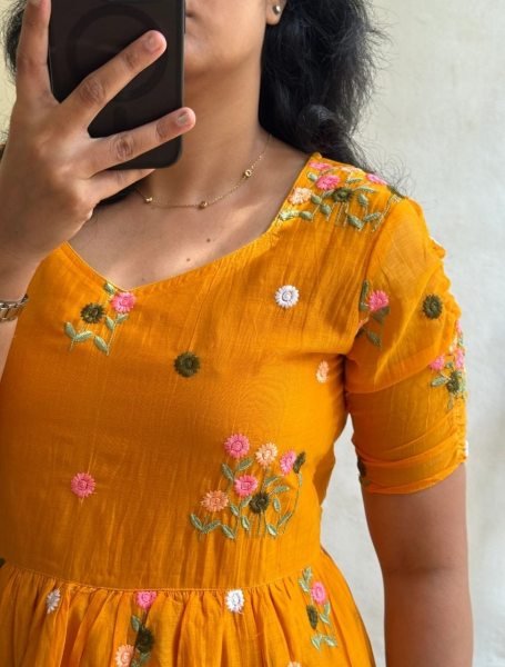Vibrant Orange Tangelia Floral Embroidered Chanderi Cotton Maxi Dress Western Ladies Top Wholesale