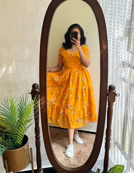 Vibrant Orange Tangelia Floral Embroidered Chanderi Cotton Maxi Dress Western Ladies Top Wholesale