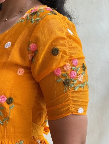 Vibrant Orange Tangelia Floral Embroidered Chanderi Cotton Maxi Dress Western Ladies Top Wholesale