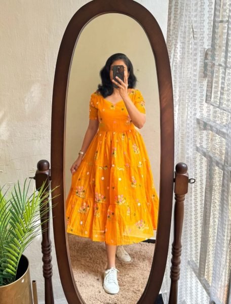 Vibrant Orange Tangelia Floral Embroidered Chanderi Cotton Maxi Dress Western Ladies Top Wholesale