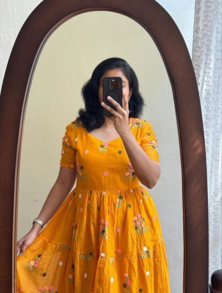 Vibrant Orange Tangelia Floral Embroidered Chanderi Cotton Maxi Dress Western Ladies Top Wholesale