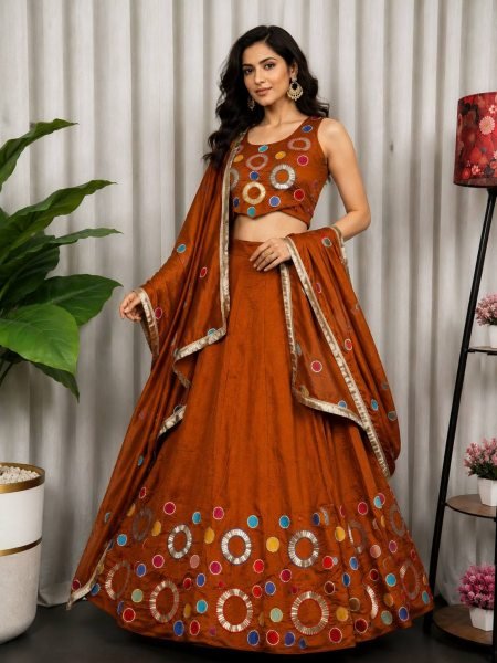 Vibrant Orange Women's Vichitra Silk Lehenga Set with Sequins and Aari Mirror Work  Lehenga