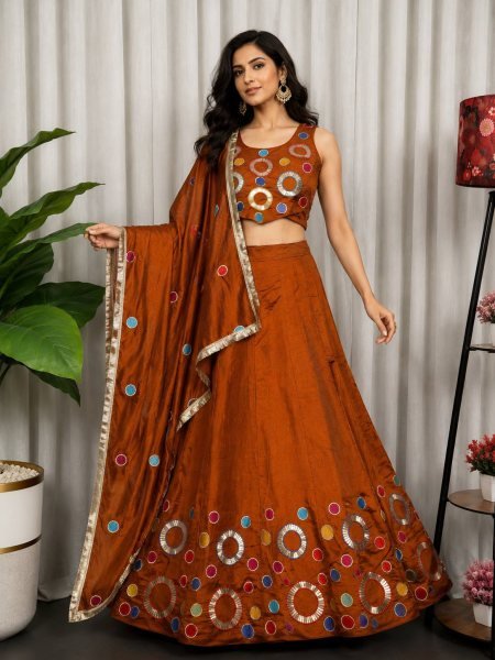 Vibrant Orange Women's Vichitra Silk Lehenga Set with Sequins and Aari Mirror Work Navratri Lehnega Choli