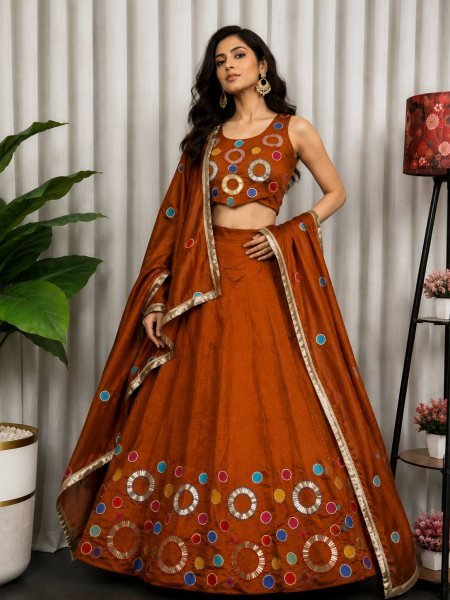 Vibrant Orange Women's Vichitra Silk Lehenga Set with Sequins and Aari Mirror Work Navratri Lehnega Choli