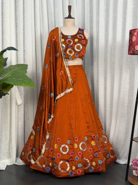 Vibrant Orange Women's Vichitra Silk Lehenga Set with Sequins and Aari Mirror Work Navratri Lehnega Choli