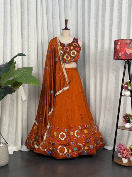 Vibrant Orange Women's Vichitra Silk Lehenga Set with Sequins and Aari Mirror Work Navratri Lehnega Choli