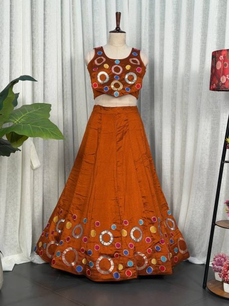 Vibrant Orange Women's Vichitra Silk Lehenga Set with Sequins and Aari Mirror Work Navratri Lehnega Choli
