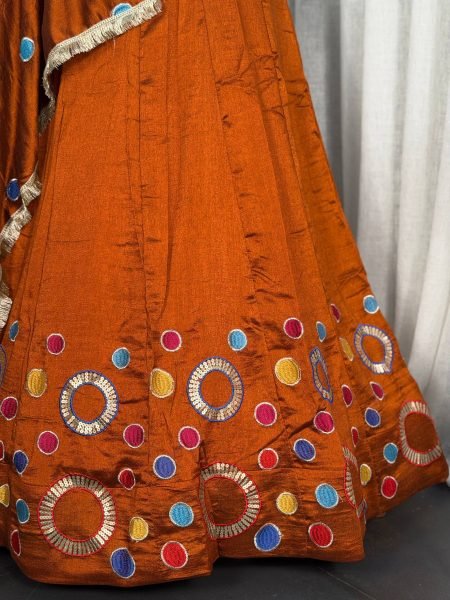 Vibrant Orange Women's Vichitra Silk Lehenga Set with Sequins and Aari Mirror Work Navratri Lehnega Choli