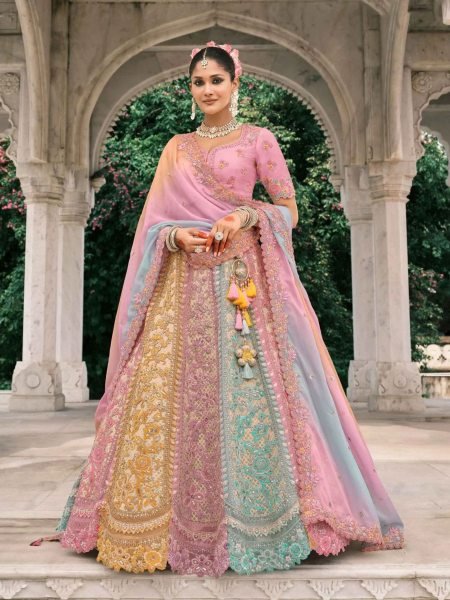Vibrant Pastel Multi Bridal Lehenga With Embroidery For Wedding 