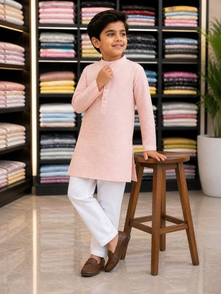 Vibrant Peach Designer Kids Silk Kurta Pyjama Set for Boys at Wholesale Rate Boys Wear