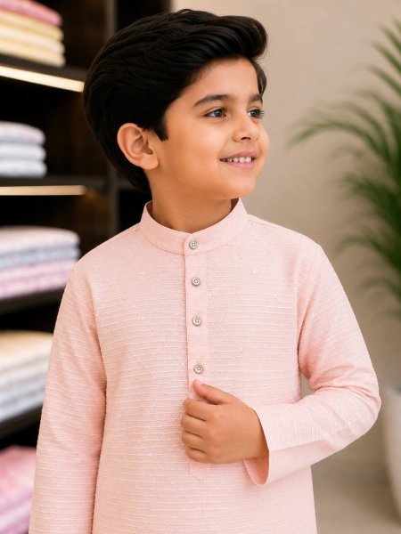 Vibrant Peach Designer Kids Silk Kurta Pyjama Set for Boys at Wholesale Rate Boys Wear