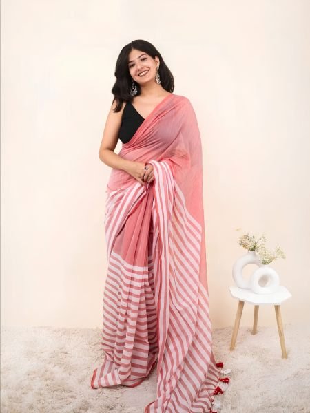 Vibrant Peach Linen Cotton Saree with Elegant Contrast Color Border at Wholesale Rate 
