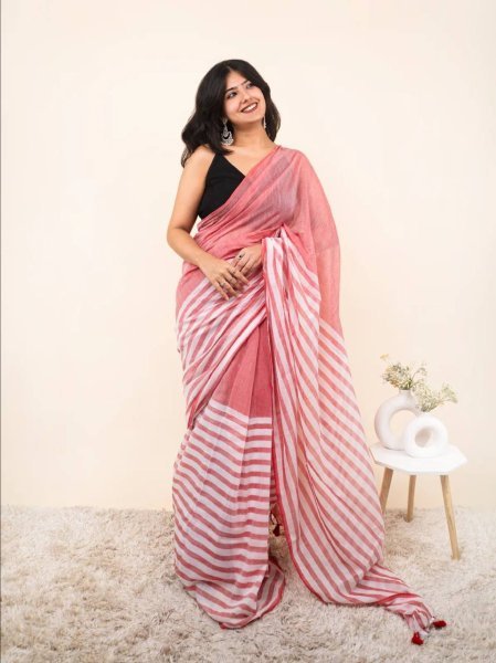 Vibrant Peach Linen Cotton Saree with Elegant Contrast Color Border at Wholesale Rate Linen Sarees Wholesale