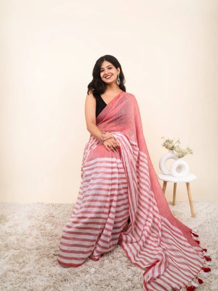 Vibrant Peach Linen Cotton Saree with Elegant Contrast Color Border at Wholesale Rate Linen Sarees Wholesale