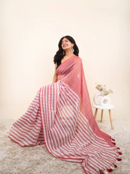 Vibrant Peach Linen Cotton Saree with Elegant Contrast Color Border at Wholesale Rate Linen Sarees Wholesale