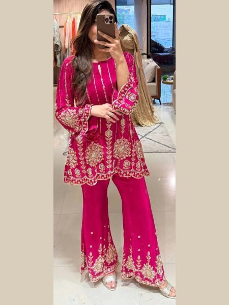 Vibrant Pink Chinon Silk Stitched Top and Bottom Co ord Set with Embroidery and Sequins Work for Functional Wear Kurti With Bottom Wholesale