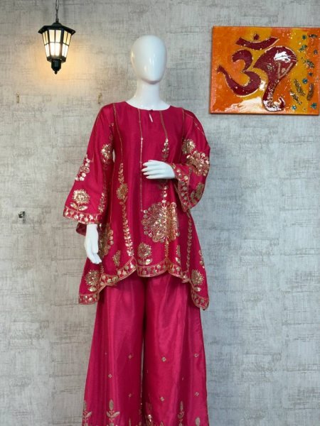 Vibrant Pink Chinon Silk Stitched Top and Bottom Co ord Set with Embroidery and Sequins Work for Functional Wear Kurti With Bottom Wholesale