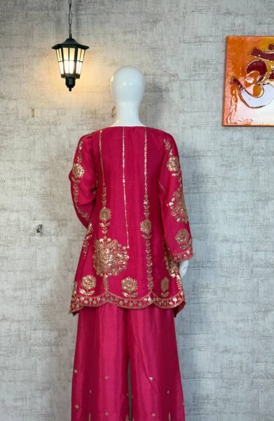 Vibrant Pink Chinon Silk Stitched Top and Bottom Co ord Set with Embroidery and Sequins Work for Functional Wear Kurti With Bottom Wholesale