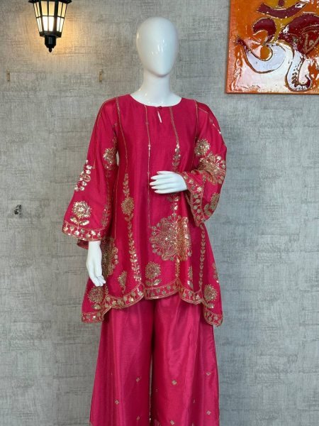 Vibrant Pink Chinon Silk Stitched Top and Bottom Co ord Set with Embroidery and Sequins Work for Functional Wear Kurti With Bottom Wholesale