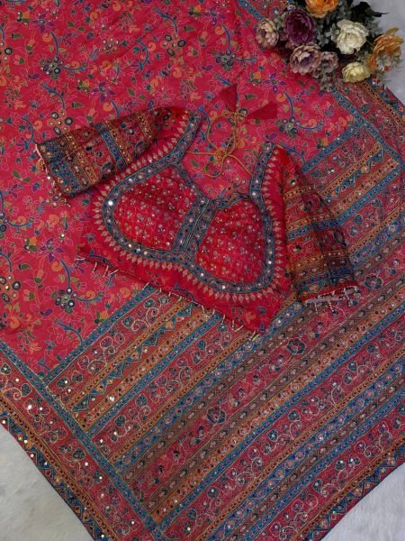 Vibrant Pink Designer Printed Chinnon Saree with Real Mirror and Diamond Work Printed Cotton Sarees Wholesale