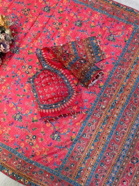 Vibrant Pink Designer Printed Chinnon Saree with Real Mirror and Diamond Work Printed Cotton Sarees Wholesale