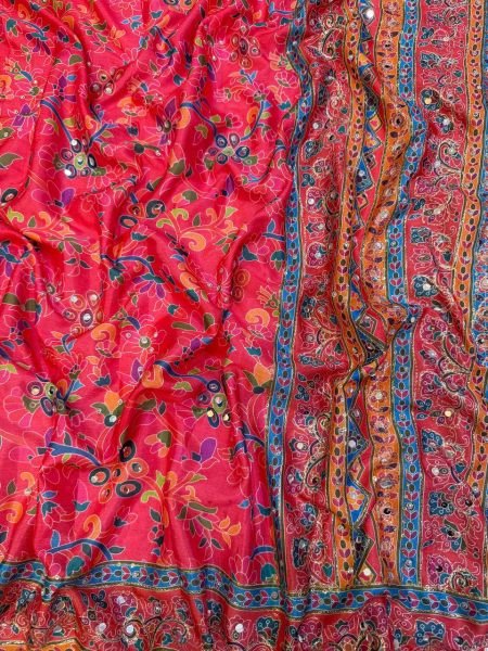 Vibrant Pink Designer Printed Chinnon Saree with Real Mirror and Diamond Work Printed Cotton Sarees Wholesale