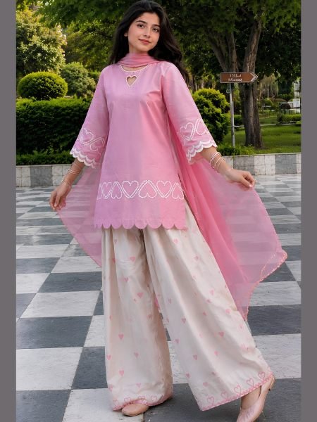 Vibrant Pink Roman Silk Top with Embroidered Farshi Salwar and Faux Georgette Dupatta 