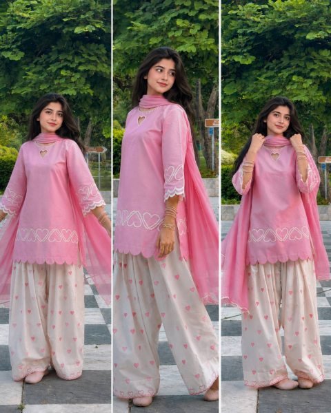 Vibrant Pink Roman Silk Top with Embroidered Farshi Salwar and Faux Georgette Dupatta Ready To Wear Collection