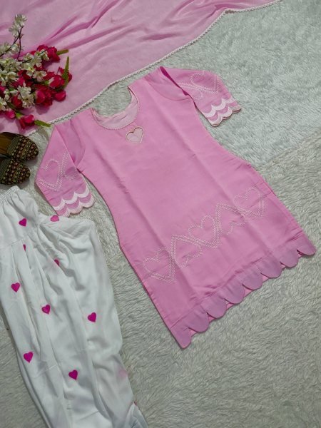 Vibrant Pink Roman Silk Top with Embroidered Farshi Salwar and Faux Georgette Dupatta Ready To Wear Collection