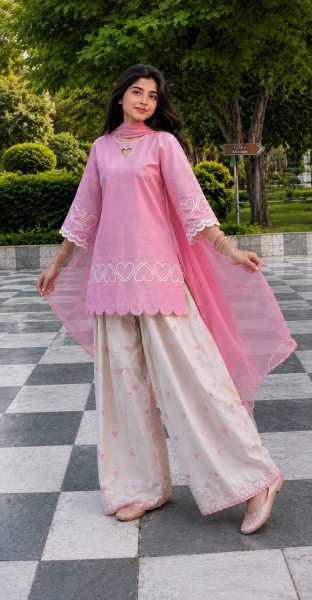 Vibrant Pink Roman Silk Top with Embroidered Farshi Salwar and Faux Georgette Dupatta Ready To Wear Collection