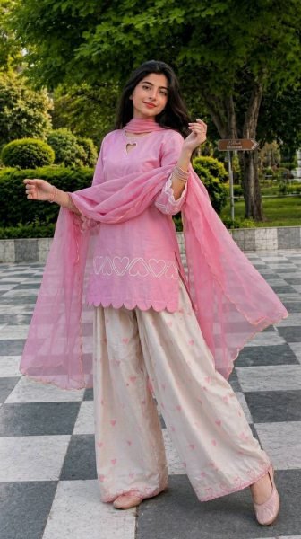 Vibrant Pink Roman Silk Top with Embroidered Farshi Salwar and Faux Georgette Dupatta Ready To Wear Collection