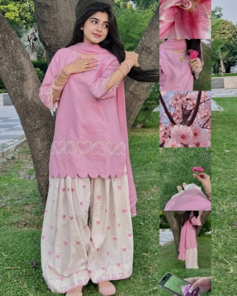 Vibrant Pink Roman Silk Top with Embroidered Farshi Salwar and Faux Georgette Dupatta Ready To Wear Collection