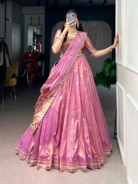 Vibrant Pink Shimmer Wedding Lehenga Choli with 4.5 Meter Flair and Pearl Dupatta  Lehenga