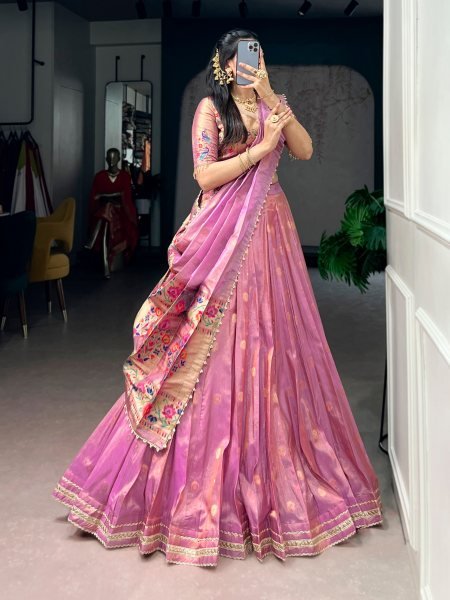 Vibrant Pink Shimmer Wedding Lehenga Choli with 4.5 Meter Flair and Pearl Dupatta Half Saree Lehenga