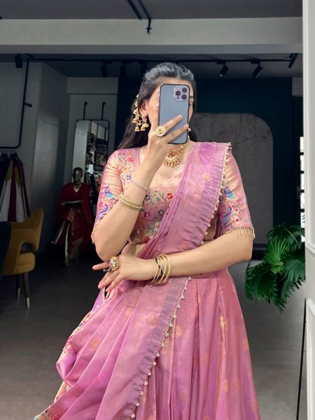 Vibrant Pink Shimmer Wedding Lehenga Choli with 4.5 Meter Flair and Pearl Dupatta Half Saree Lehenga