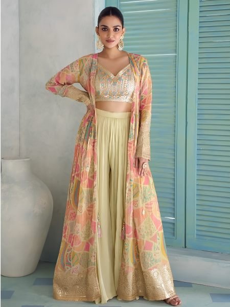Vibrant Pista Saheen Chinon Silk Jacket Suit with Front and Back Embroidery Work for Reseller Salwar Kameez