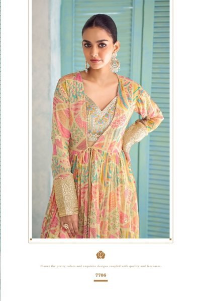 Vibrant Pista Saheen Chinon Silk Jacket Suit with Front and Back Embroidery Work for Reseller Designer Plazzo Salwar Suits Wholesale