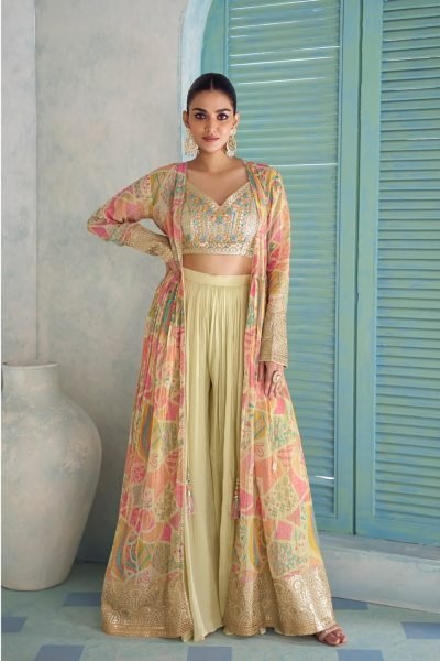 Vibrant Pista Saheen Chinon Silk Jacket Suit with Front and Back Embroidery Work for Reseller Designer Plazzo Salwar Suits Wholesale