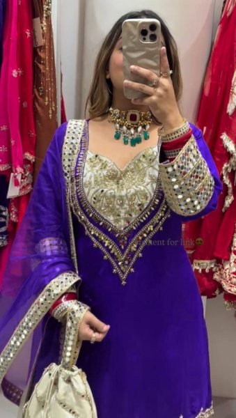 Vibrant Purple and Gold Designer Suit with Dupatta Hand Mirror Embroidery Party Wear for Wholesale Buyers Ready To Wear Collection