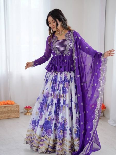 Vibrant Purple Festive Wear Faux Georgette Lehenga Choli with Designer Koti at Wholesale Rate 