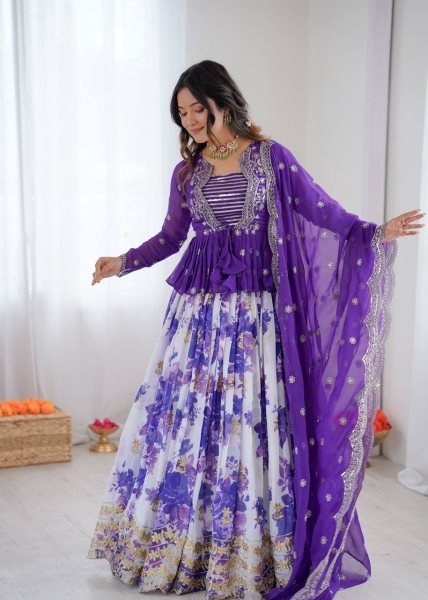 Vibrant Purple Festive Wear Faux Georgette Lehenga Choli with Designer Koti at Wholesale Rate Designer Lehenga Choli