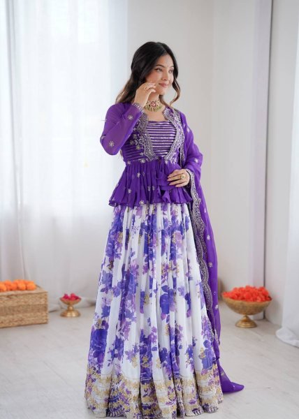 Vibrant Purple Festive Wear Faux Georgette Lehenga Choli with Designer Koti at Wholesale Rate Designer Lehenga Choli