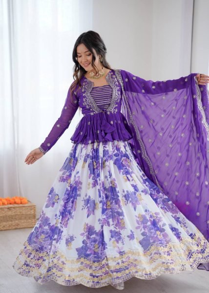 Vibrant Purple Festive Wear Faux Georgette Lehenga Choli with Designer Koti at Wholesale Rate Designer Lehenga Choli