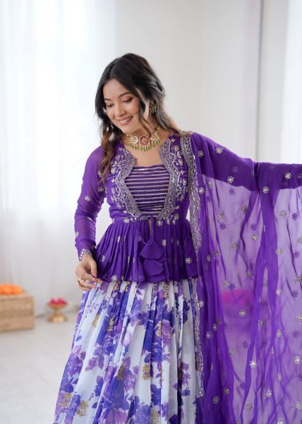 Vibrant Purple Festive Wear Faux Georgette Lehenga Choli with Designer Koti at Wholesale Rate Designer Lehenga Choli