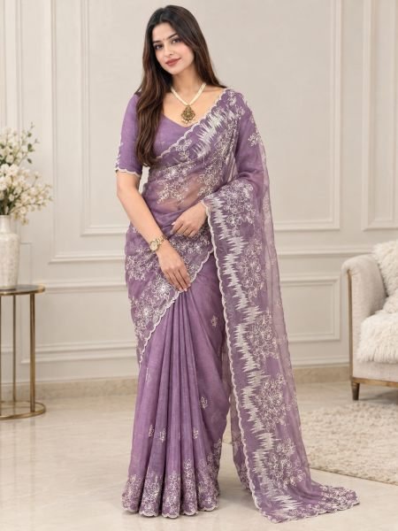 Vibrant Purple Melborne Silk Saree with Self Thread Embroidery Work at Factory Price