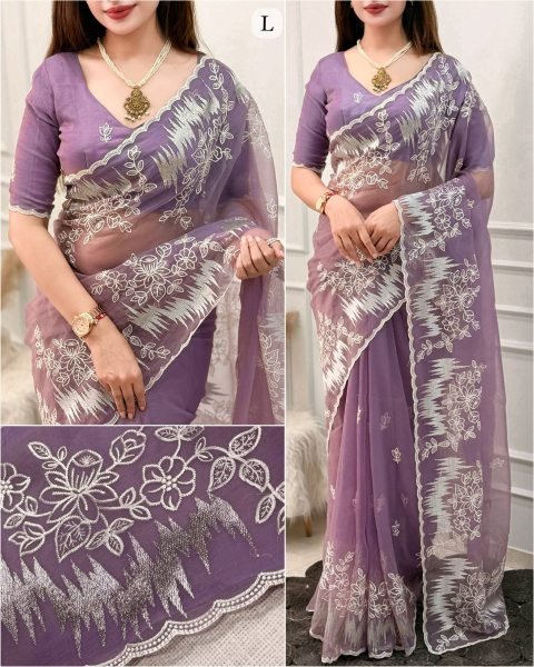 Vibrant Purple Melborne Silk Saree with Self Thread Embroidery Work at Factory Price Embroidery Sarees Wholesale