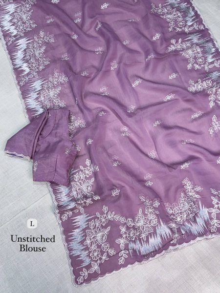Vibrant Purple Melborne Silk Saree with Self Thread Embroidery Work at Factory Price Embroidery Sarees Wholesale