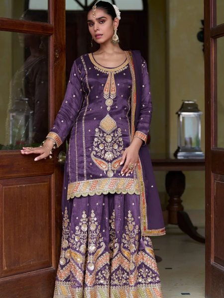 Vibrant Purple Stylish Simmer Silk Outfit for Wedding and Reception Wear 